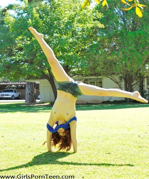 She shows off her acrobatic skills, doing cartwheels and backstands; Teen 