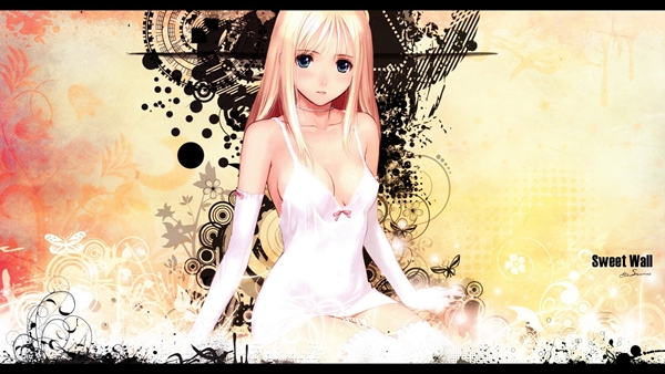 blondes Tony Taka gloves dress yellow blue eyes cleavage long hair thigh highs bows sitting necklaces white dress soft shading anime girls  / 2560x1440 Wallpaper; Blonde Teen 