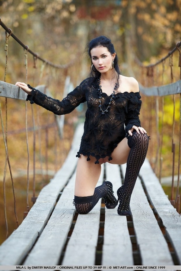 dark-haired in hot lingerie posing on wooden bridge; Outdoor Erotic Lingerie 